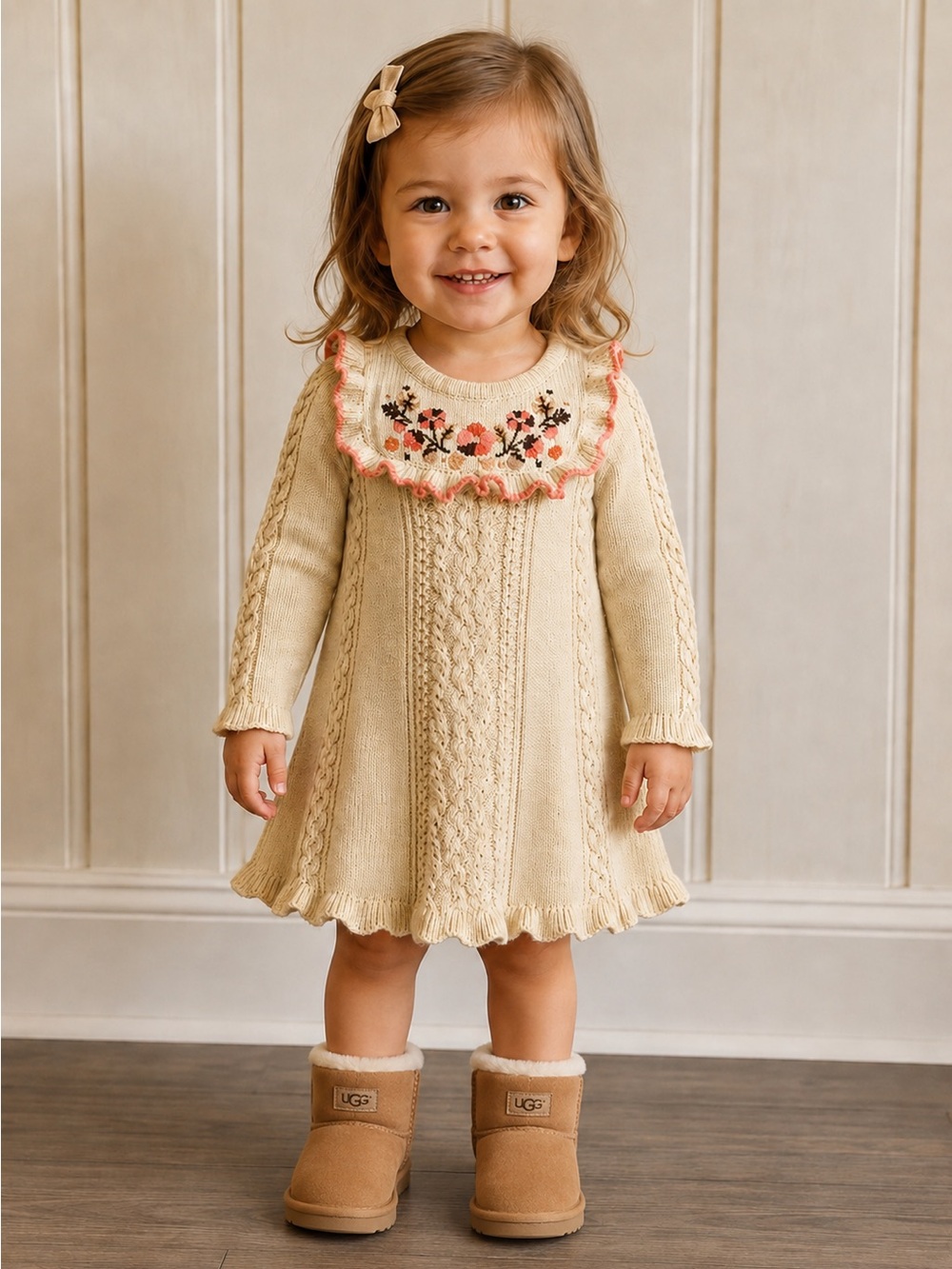 Cynthia Rowley Girls Ivory Knit Dress with Floral Embroidered Ruffle Collar